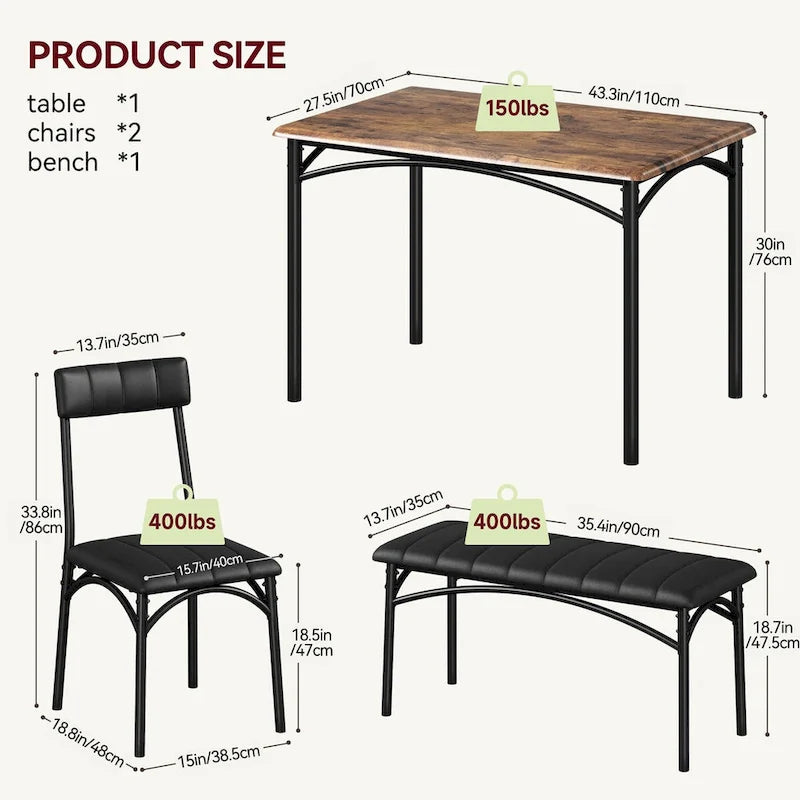 Ensemble de salle à manger 4 pièces avec 2 chaises rembourrées, 1 banc, 1 table de salle à manger