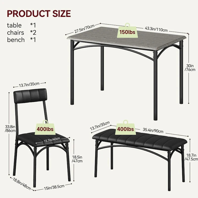 Ensemble de salle à manger 4 pièces avec 2 chaises rembourrées, 1 banc, 1 table de salle à manger