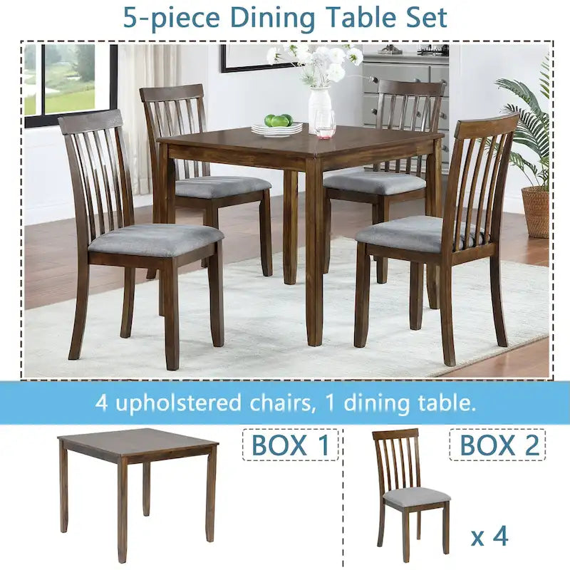 Ensemble de salle à manger moderne 5 pièces, table à manger carrée en bois avec 4 chaises rembourrées pour cuisine, salle à manger