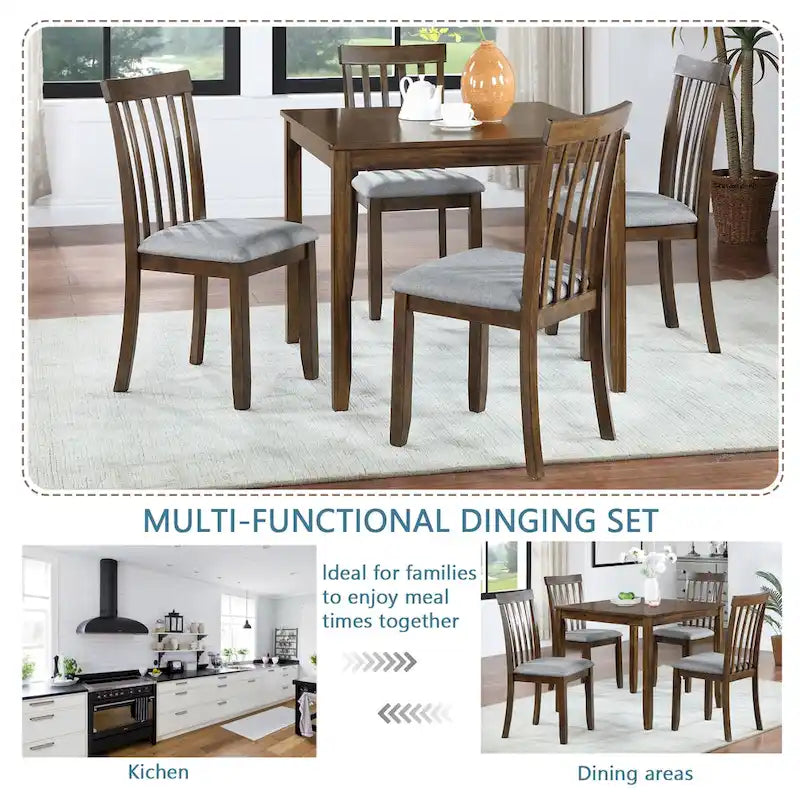 Ensemble de salle à manger moderne 5 pièces, table à manger carrée en bois avec 4 chaises rembourrées pour cuisine, salle à manger