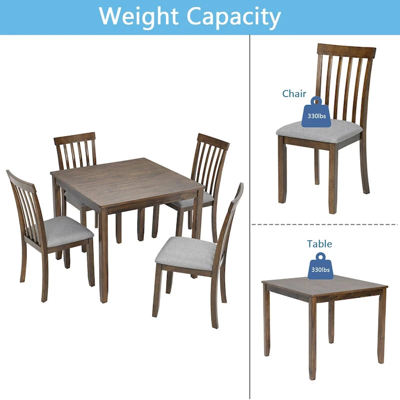 Ensemble de salle à manger moderne 5 pièces, table à manger carrée en bois avec 4 chaises rembourrées pour cuisine, salle à manger
