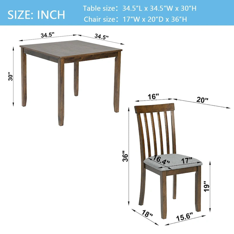 Ensemble de salle à manger moderne 5 pièces, table à manger carrée en bois avec 4 chaises rembourrées pour cuisine, salle à manger