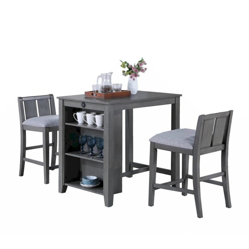 Graham Ensemble table de salle à manger à hauteur de comptoir 3 pièces avec étagères et 2 chaises pour petits espaces