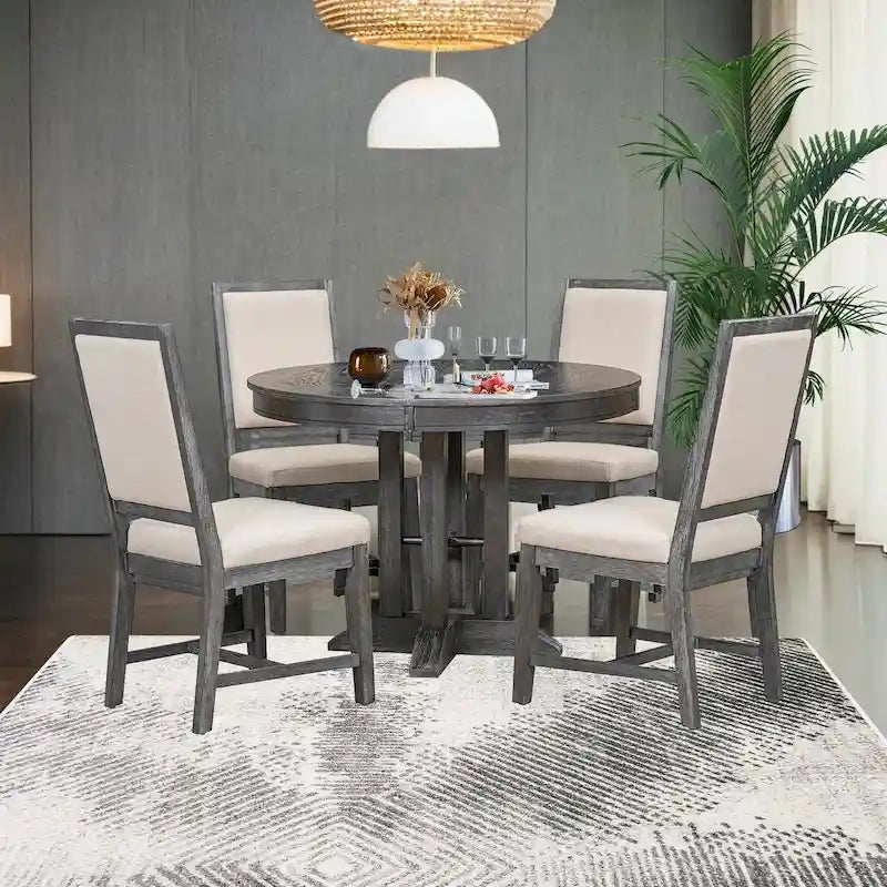 Ensemble de salle à manger 5 pièces, table ronde extensible et 4 chaises rembourrées, ensemble de salle à manger style ferme pour cuisine, salle à manger