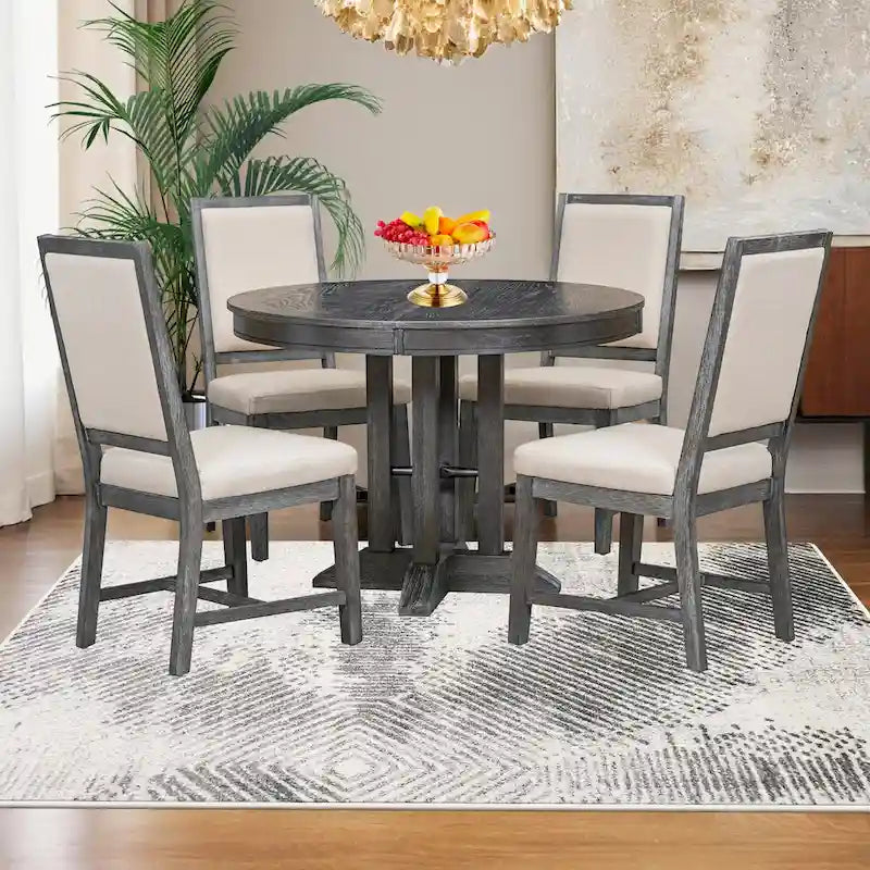 Ensemble de salle à manger 5 pièces, table ronde extensible et 4 chaises rembourrées, ensemble de salle à manger style ferme pour cuisine, salle à manger