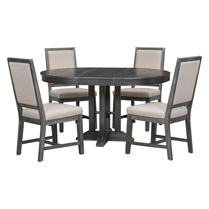Ensemble de salle à manger 5 pièces, table ronde extensible et 4 chaises rembourrées, ensemble de salle à manger style ferme pour cuisine, salle à manger