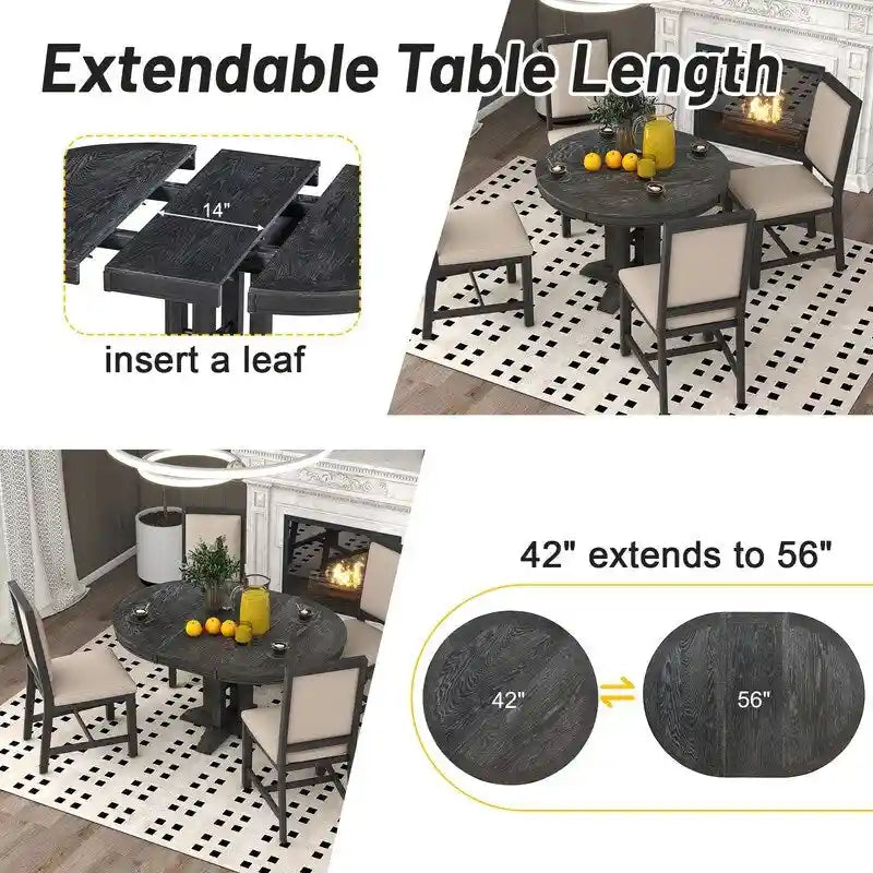 Ensemble de salle à manger 5 pièces, table ronde extensible et 4 chaises rembourrées, ensemble de salle à manger style ferme pour cuisine, salle à manger