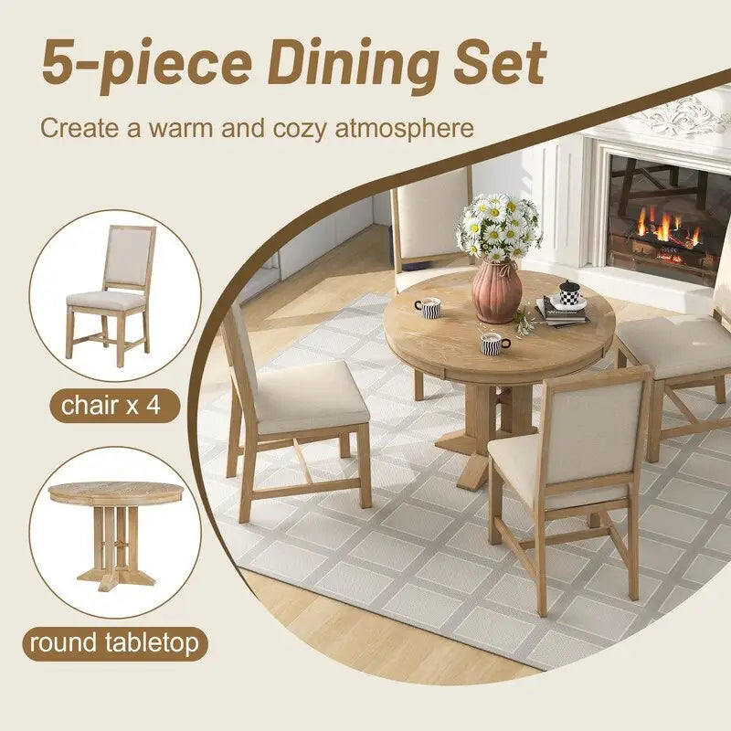 Ensemble de salle à manger 5 pièces, table ronde extensible et 4 chaises rembourrées, ensemble de salle à manger style ferme pour cuisine, salle à manger