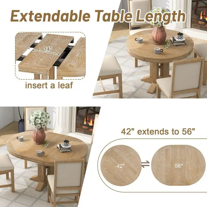 Ensemble de salle à manger 5 pièces, table ronde extensible et 4 chaises rembourrées, ensemble de salle à manger style ferme pour cuisine, salle à manger