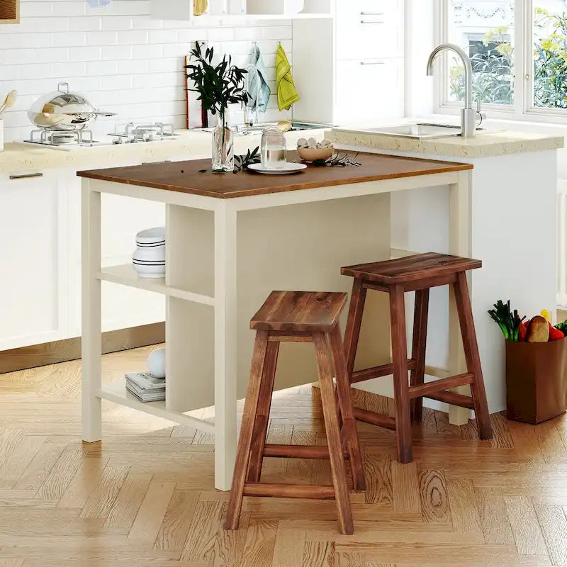 Ensemble îlot de cuisine 3 pièces 45" avec 2 sièges, ensemble de table à manger bloc de boucher en bois d'hévéa, ensemble de table de préparation avec 2 étagères ouvertes