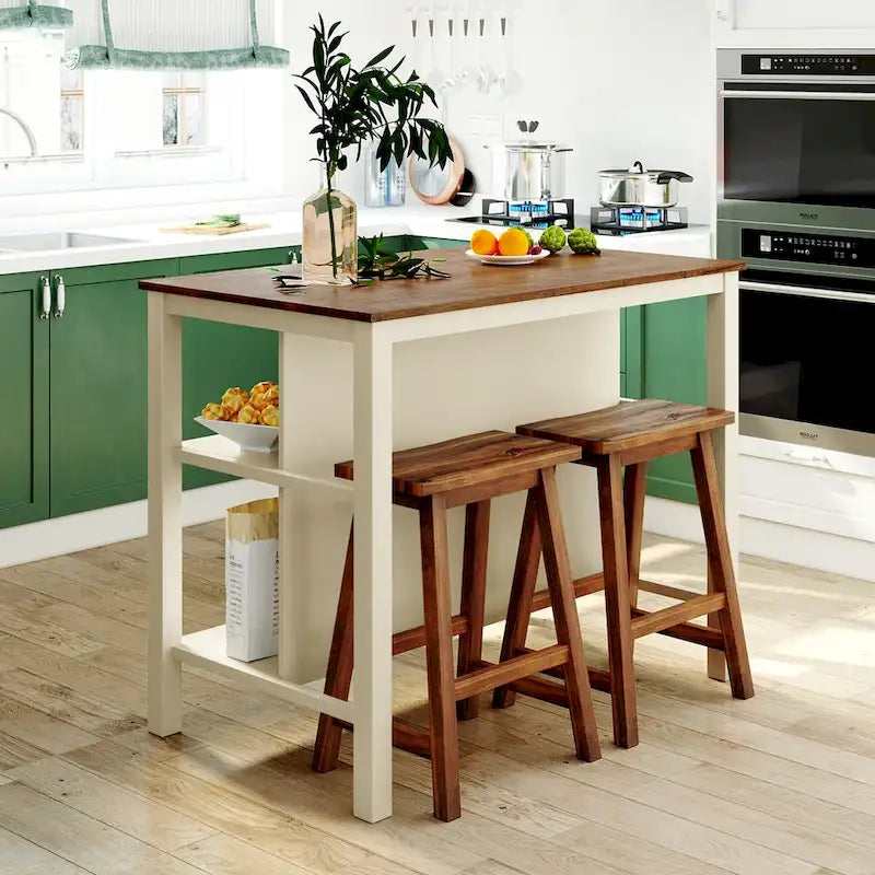 Ensemble îlot de cuisine 3 pièces 45" avec 2 sièges, ensemble de table à manger bloc de boucher en bois d'hévéa, ensemble de table de préparation avec 2 étagères ouvertes