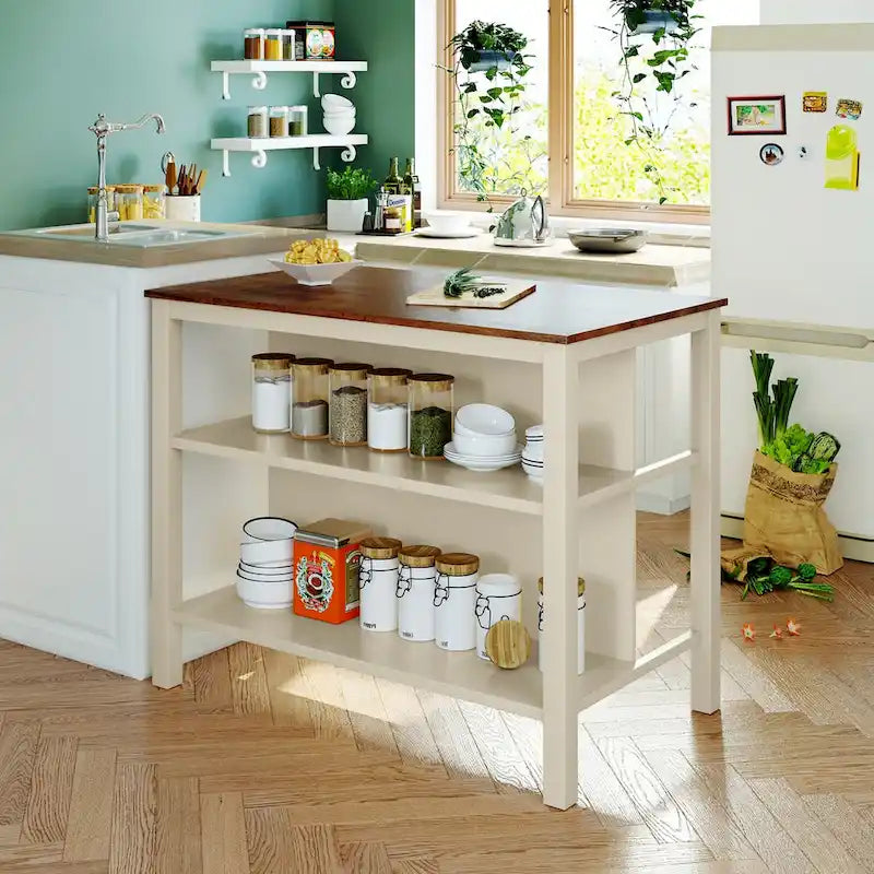 Ensemble îlot de cuisine 3 pièces 45" avec 2 sièges, ensemble de table à manger bloc de boucher en bois d'hévéa, ensemble de table de préparation avec 2 étagères ouvertes