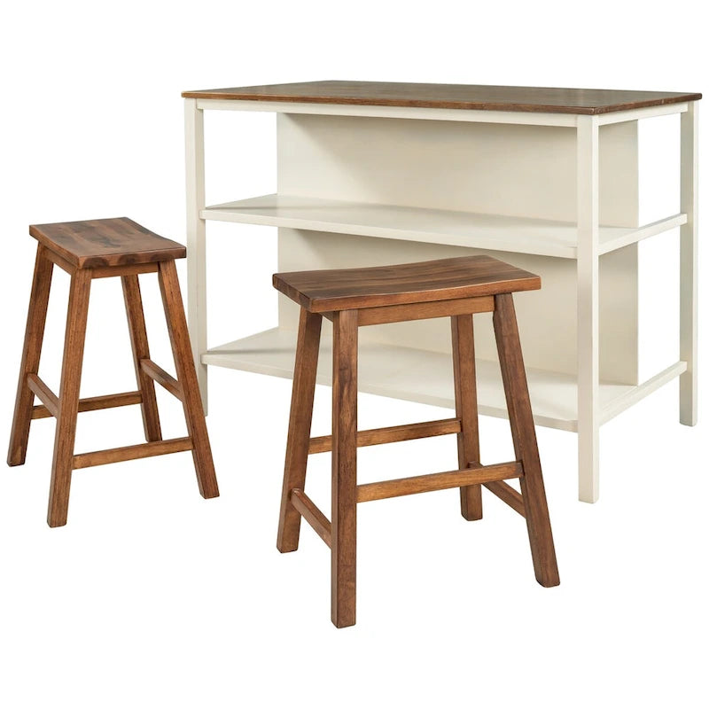 Ensemble îlot de cuisine 3 pièces 45" avec 2 sièges, ensemble de table à manger bloc de boucher en bois d'hévéa, ensemble de table de préparation avec 2 étagères ouvertes