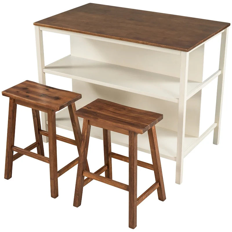 Ensemble îlot de cuisine 3 pièces 45" avec 2 sièges, ensemble de table à manger bloc de boucher en bois d'hévéa, ensemble de table de préparation avec 2 étagères ouvertes