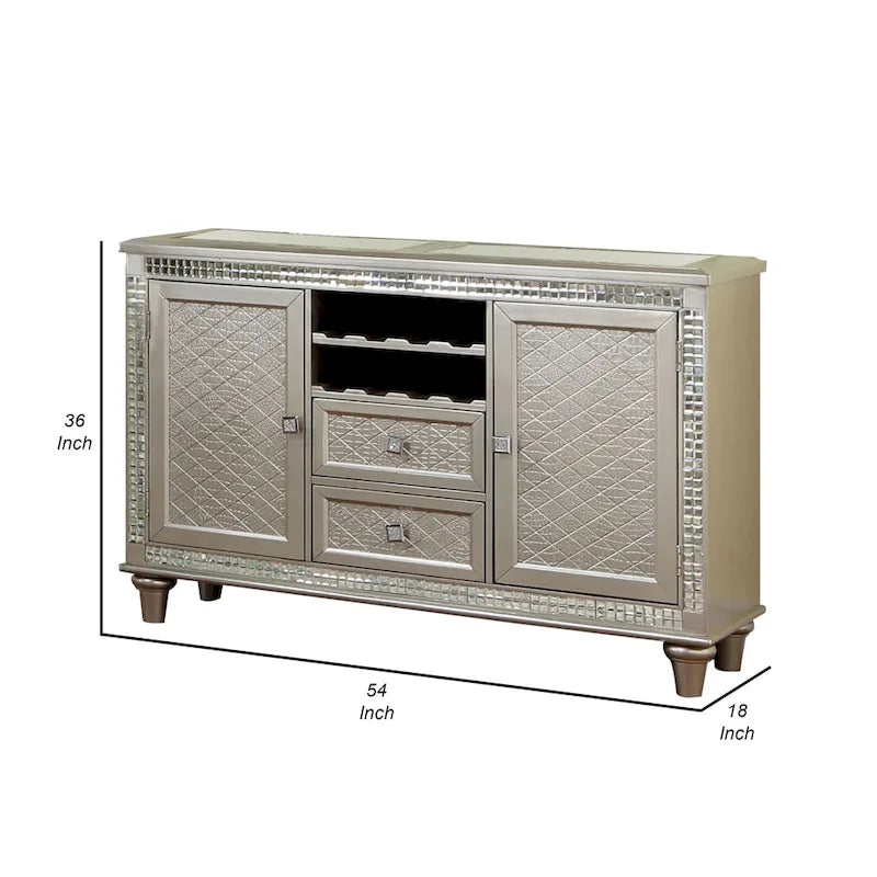 Lin – Buffet console de 54 po avec dessus en verre, accents miroir, champagne