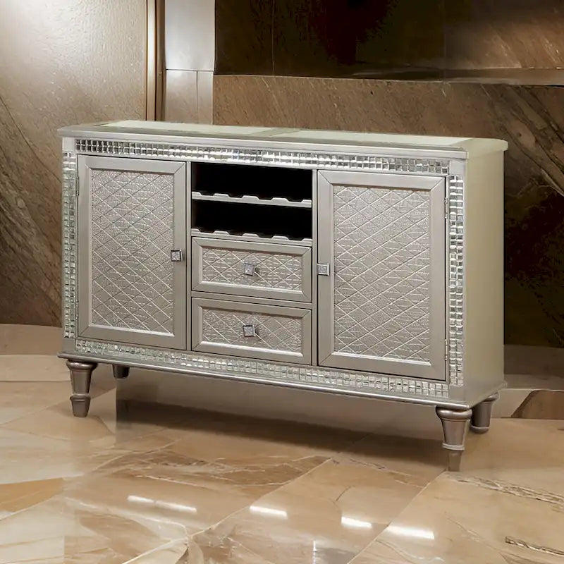 Lin – Buffet console de 54 po avec dessus en verre, accents miroir, champagne
