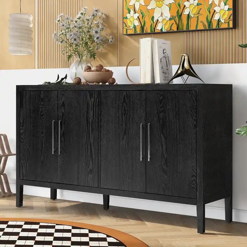 Buffet moderne à 4 portes avec pieds en bois massif, 60 po