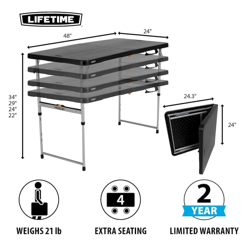 Table pliante réglable Lifetime de 1,22 m, noire (usage professionnel léger)