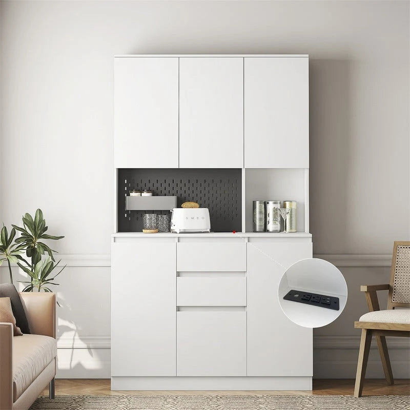 Meuble de Rangement de Cuisine avec Support Micro-ondes et 2 Tiroirs, Buffet Autonome avec Station de Recharge