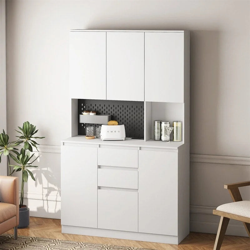 Meuble de Rangement de Cuisine avec Support Micro-ondes et 2 Tiroirs, Buffet Autonome avec Station de Recharge