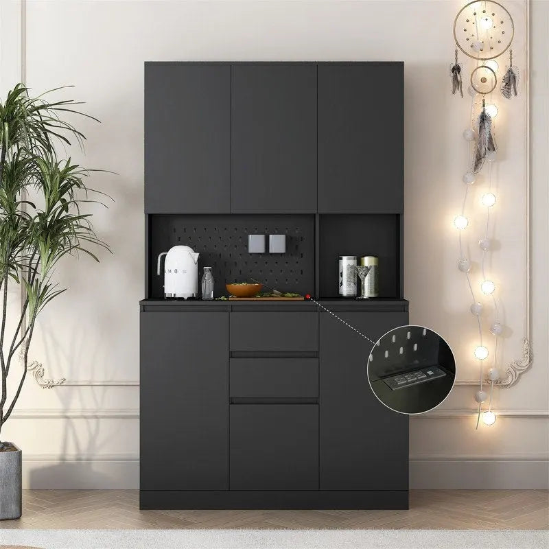 Meuble de Rangement de Cuisine avec Support Micro-ondes et 2 Tiroirs, Buffet Autonome avec Station de Recharge