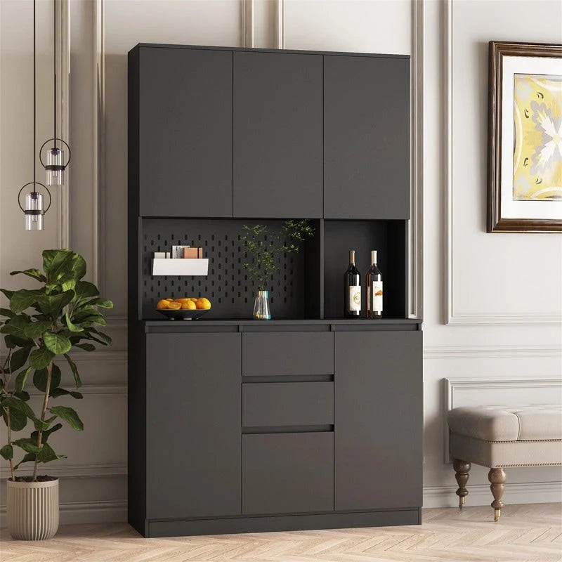 Meuble de Rangement de Cuisine avec Support Micro-ondes et 2 Tiroirs, Buffet Autonome avec Station de Recharge