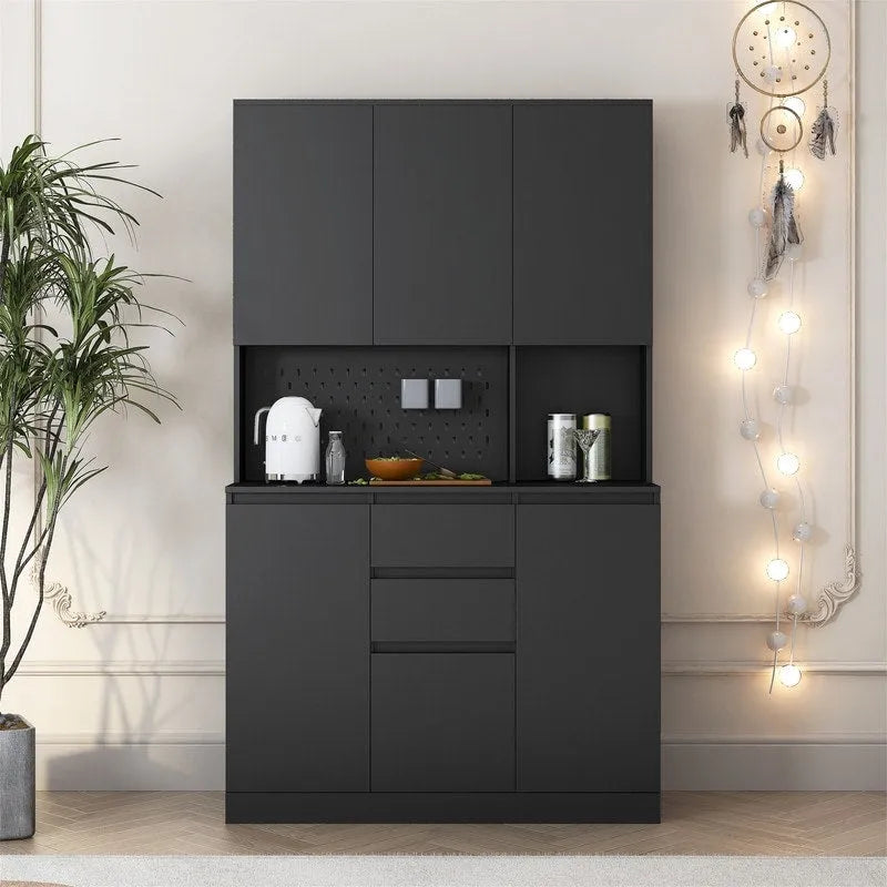 Meuble de Rangement de Cuisine avec Support Micro-ondes et 2 Tiroirs, Buffet Autonome avec Station de Recharge