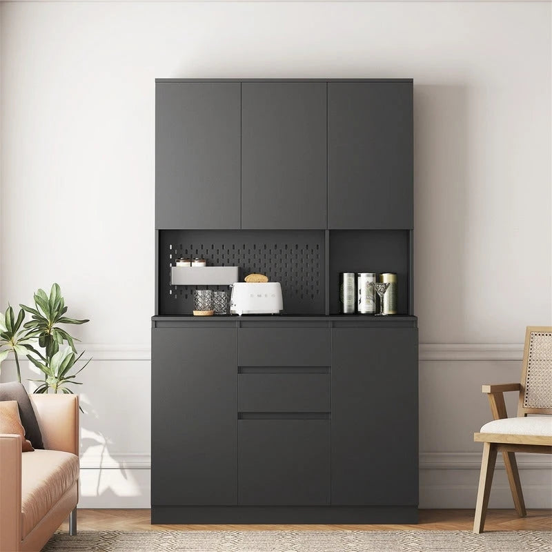 Meuble de Rangement de Cuisine avec Support Micro-ondes et 2 Tiroirs, Buffet Autonome avec Station de Recharge