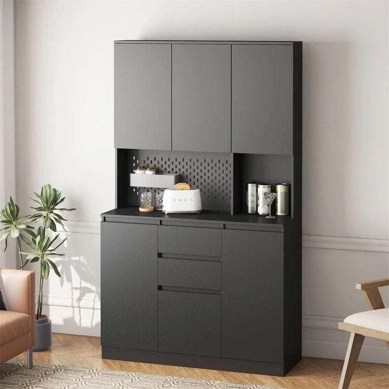 Meuble de Rangement de Cuisine avec Support Micro-ondes et 2 Tiroirs, Buffet Autonome avec Station de Recharge