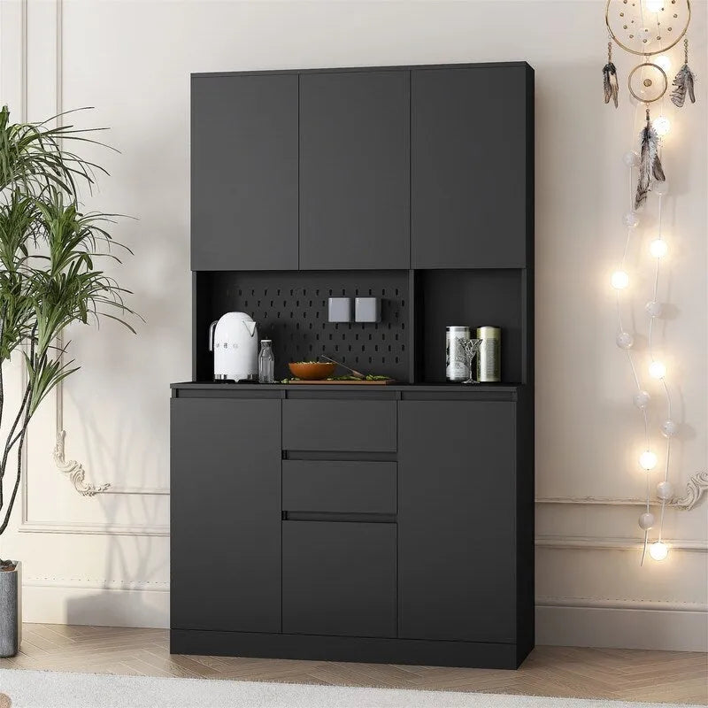 Meuble de Rangement de Cuisine avec Support Micro-ondes et 2 Tiroirs, Buffet Autonome avec Station de Recharge