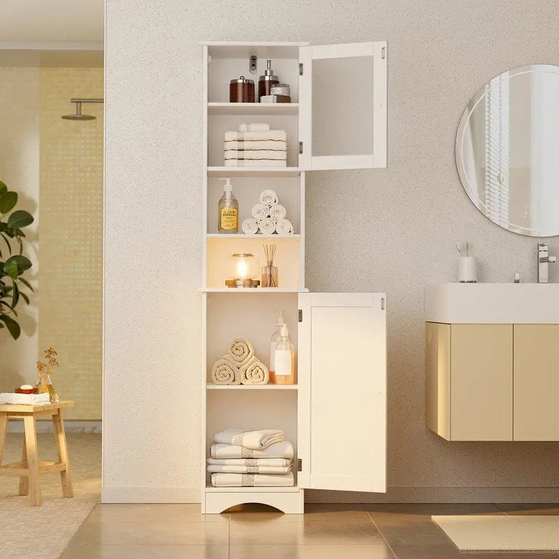 Meuble de rangement de salle de bain haut et étroit sur pied avec étagères réglables, porte et étagères ouvertes