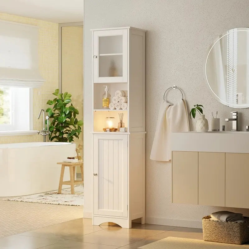 Meuble de rangement de salle de bain haut et étroit sur pied avec étagères réglables, porte et étagères ouvertes