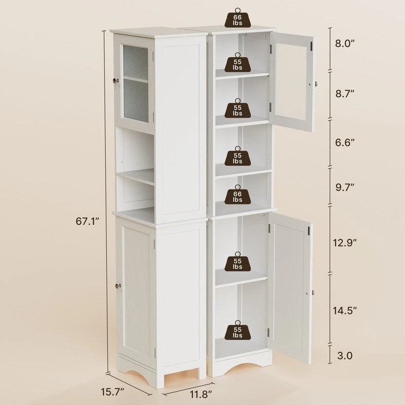Meuble de rangement de salle de bain haut et étroit sur pied avec étagères réglables, porte et étagères ouvertes