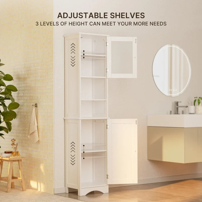 Meuble de rangement de salle de bain haut et étroit sur pied avec étagères réglables, porte et étagères ouvertes