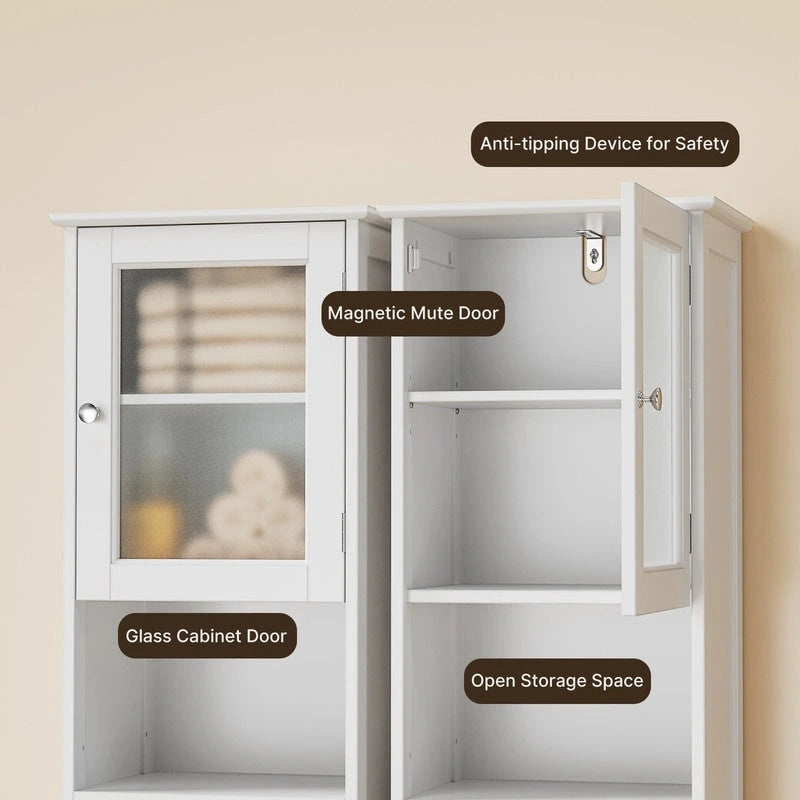 Meuble de rangement de salle de bain haut et étroit sur pied avec étagères réglables, porte et étagères ouvertes