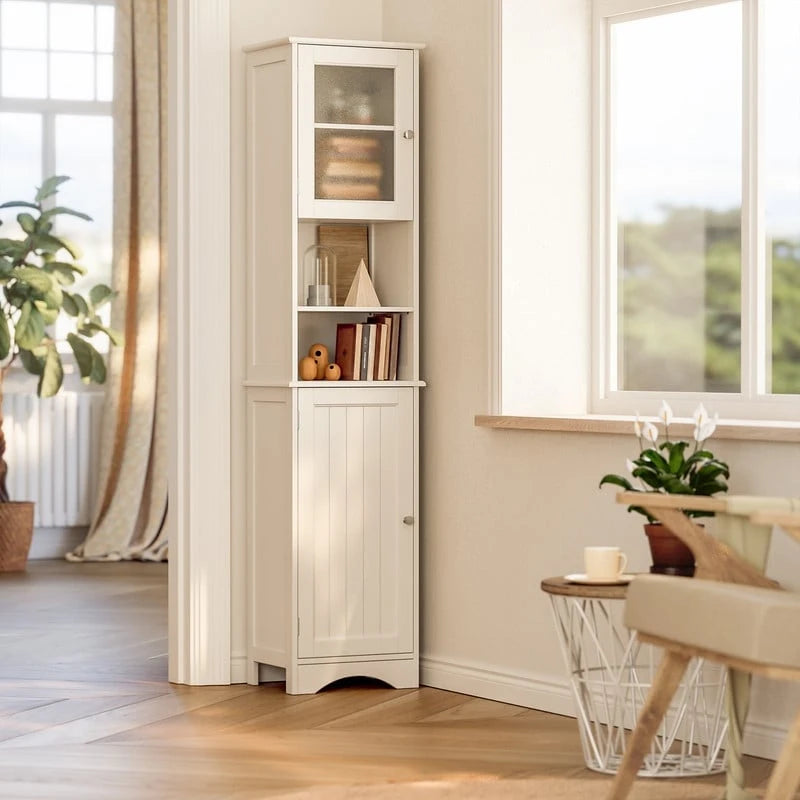 Meuble de rangement de salle de bain haut et étroit sur pied avec étagères réglables, porte et étagères ouvertes
