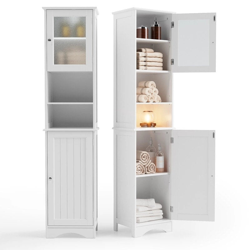 Meuble de rangement de salle de bain haut et étroit sur pied avec étagères réglables, porte et étagères ouvertes