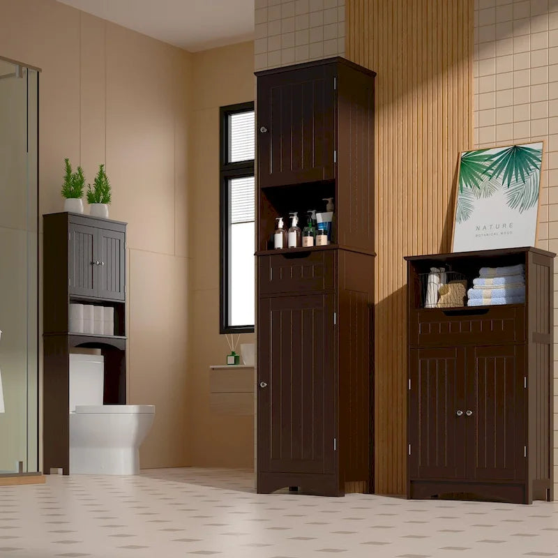 Meuble de rangement de salle de bain haut et étroit sur pied avec étagères réglables, porte et étagères ouvertes