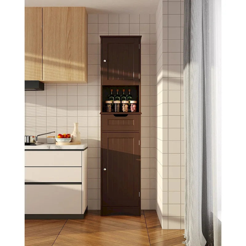 Meuble de rangement de salle de bain haut et étroit sur pied avec étagères réglables, porte et étagères ouvertes