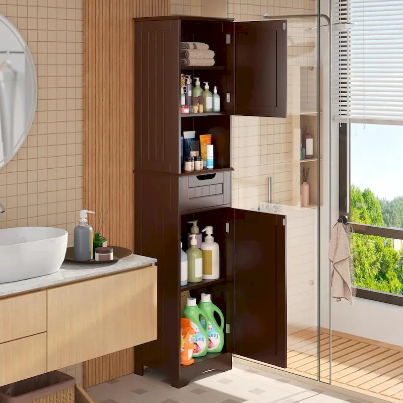 Meuble de rangement de salle de bain haut et étroit sur pied avec étagères réglables, porte et étagères ouvertes