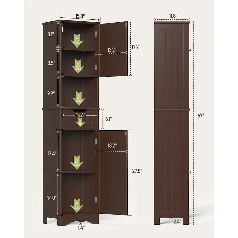 Meuble de rangement de salle de bain haut et étroit sur pied avec étagères réglables, porte et étagères ouvertes