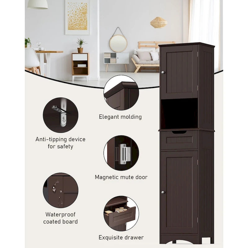 Meuble de rangement de salle de bain haut et étroit sur pied avec étagères réglables, porte et étagères ouvertes