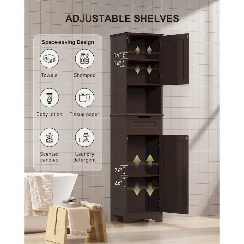 Meuble de rangement de salle de bain haut et étroit sur pied avec étagères réglables, porte et étagères ouvertes