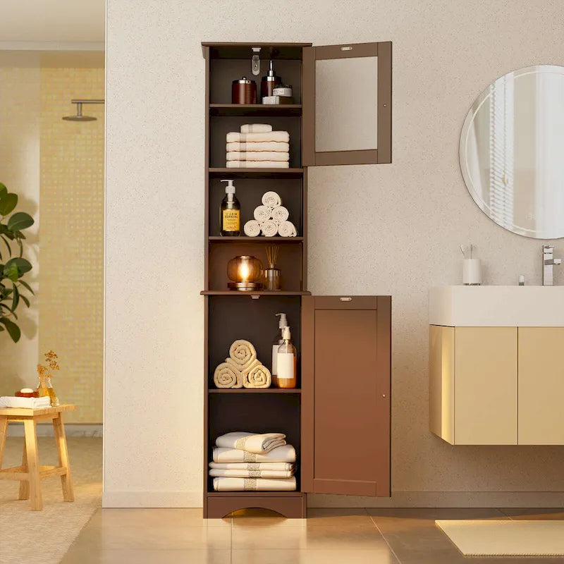 Meuble de rangement de salle de bain haut et étroit sur pied avec étagères réglables, porte et étagères ouvertes