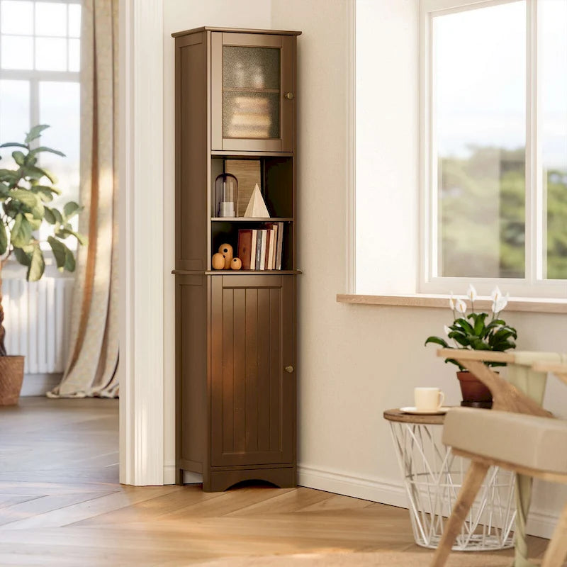 Meuble de rangement de salle de bain haut et étroit sur pied avec étagères réglables, porte et étagères ouvertes
