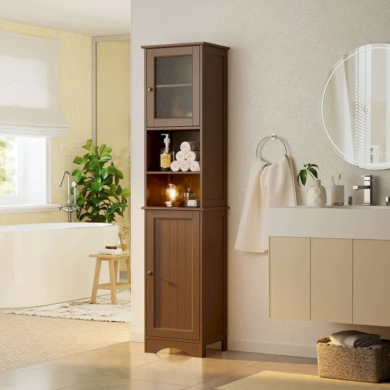 Meuble de rangement de salle de bain haut et étroit sur pied avec étagères réglables, porte et étagères ouvertes