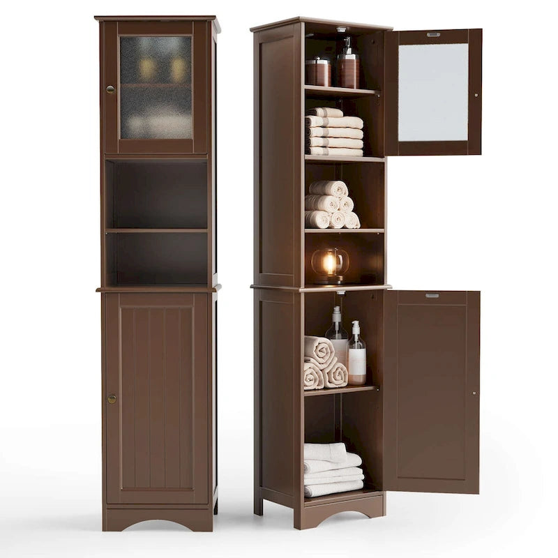 Meuble de rangement de salle de bain haut et étroit sur pied avec étagères réglables, porte et étagères ouvertes