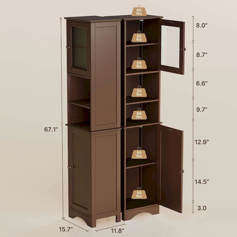 Meuble de rangement de salle de bain haut et étroit sur pied avec étagères réglables, porte et étagères ouvertes
