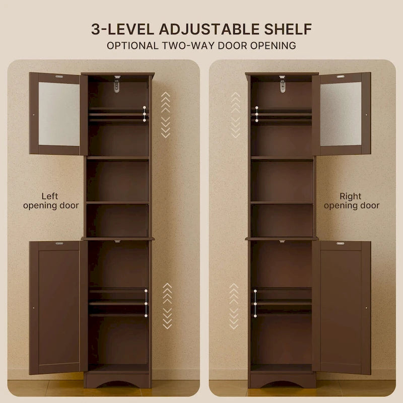 Meuble de rangement de salle de bain haut et étroit sur pied avec étagères réglables, porte et étagères ouvertes