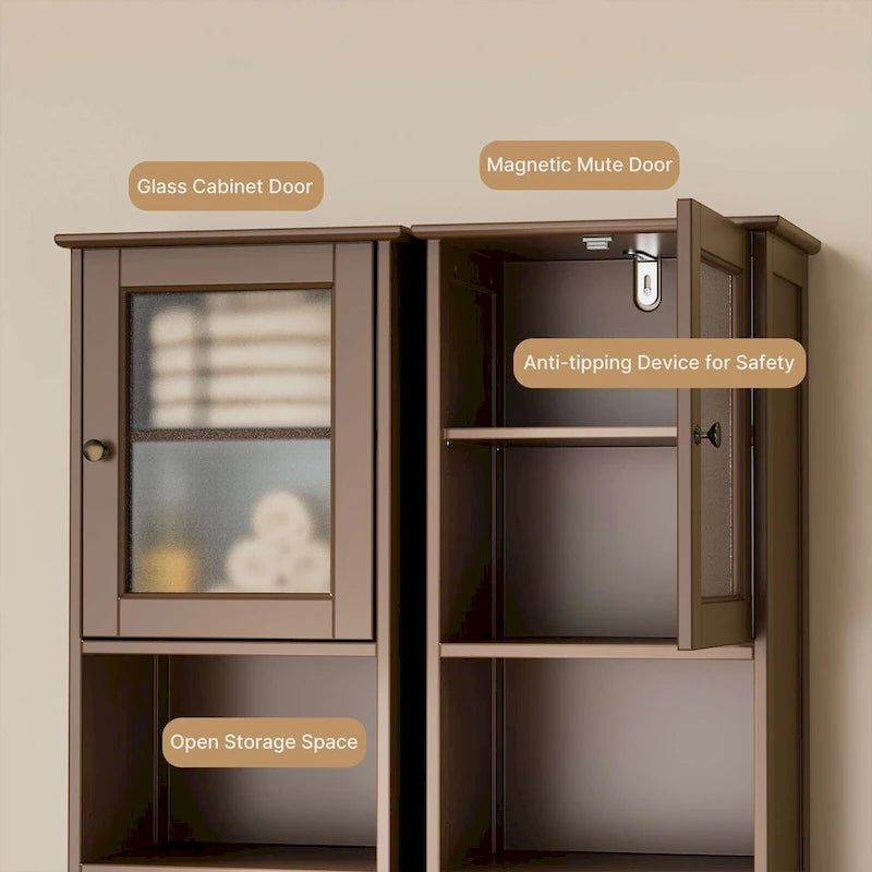 Meuble de rangement de salle de bain haut et étroit sur pied avec étagères réglables, porte et étagères ouvertes